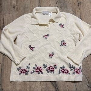 VTG 90’s Alfred Dunner Ivory Rose Embroidered Sweater Y2K grannycore cottagecore